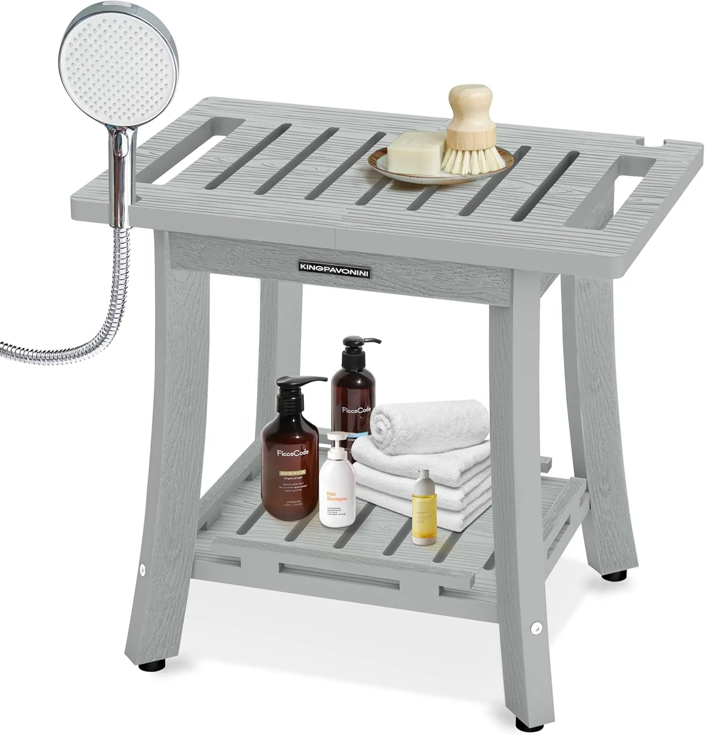 KingPavonini HDPS Shower Benches for Inside Shower to Sit on, Waterproof Shower Stool for Shaving Legs, Heavy Duty 400LBS Shower Seat with Storage Shelf, Shower Chair for Bathroom/Indoor/Outdoor Use