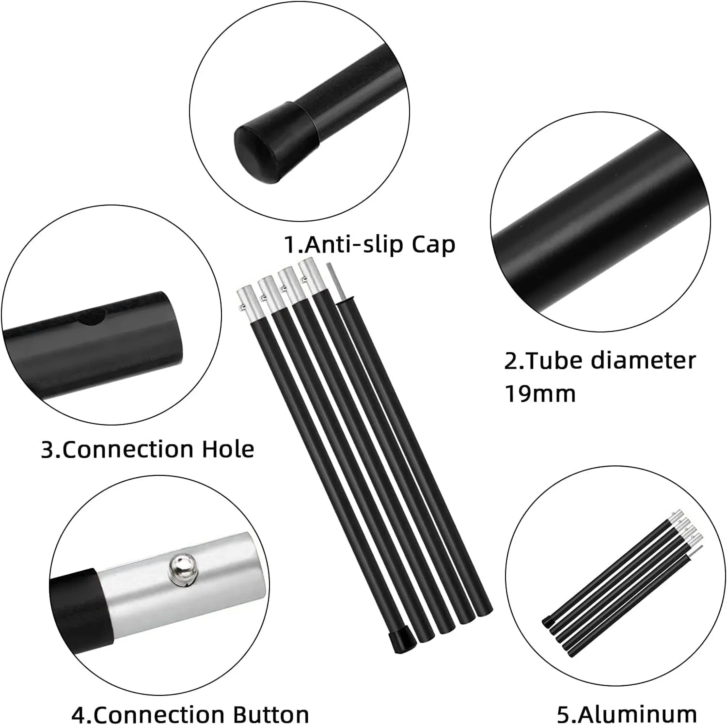 KOMCLUB Telescoping Tent Poles Tarp Poles 5-Section Adjustable Aluminum Rods for Tent Fly and Tarps Lightweight Replacement Adjustable Tent Poles for Outdoor Sport Camping 78Inch(Black)