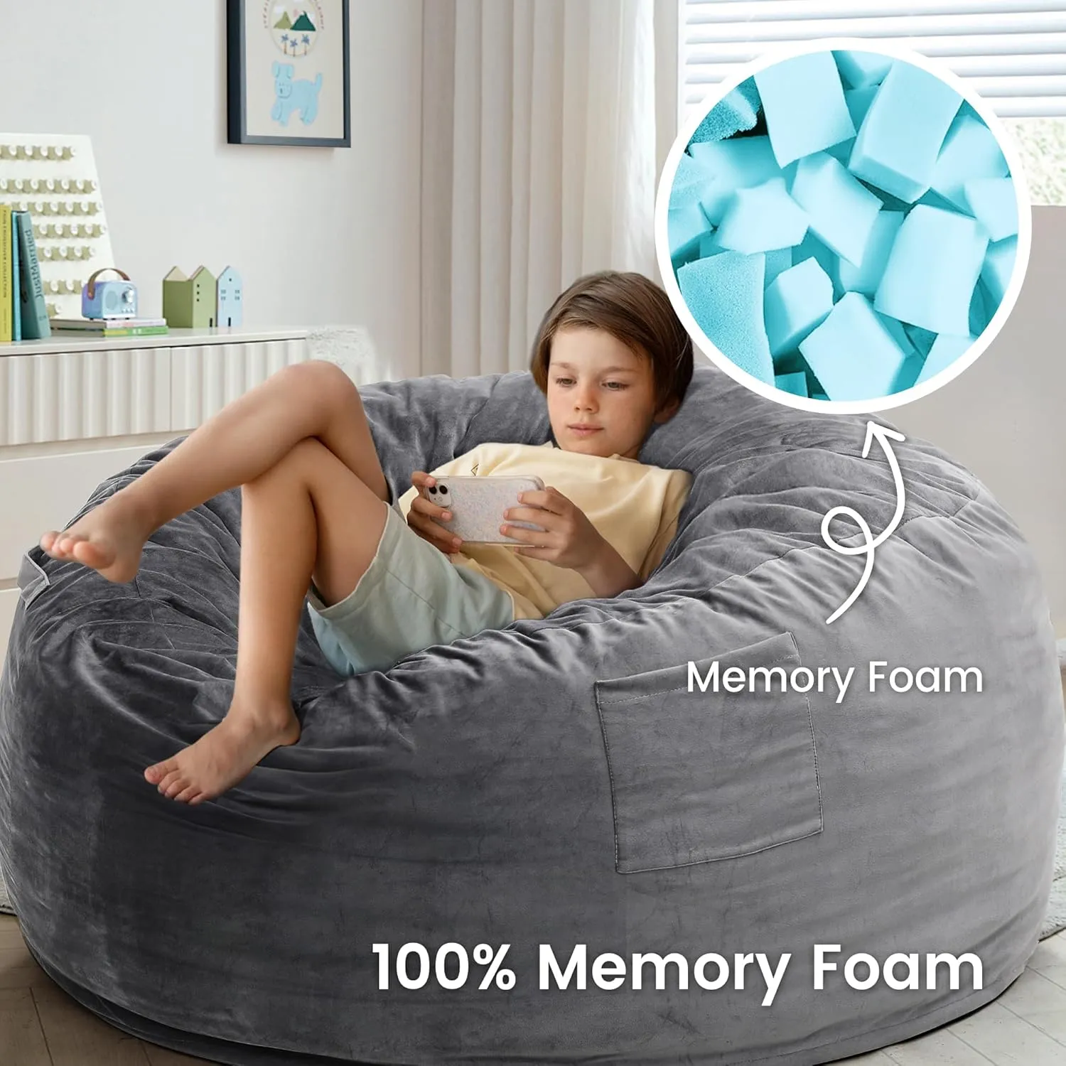 Kromax Large 3.5’ Bean Bag Chair for Kids, Teens, Adults, Memory Foam, Easy to Clean Washable Soft Suede Cover, Reinforced Zipper, Perfect for Living Room, Den, Bedroom, or Dorm, Light Grey