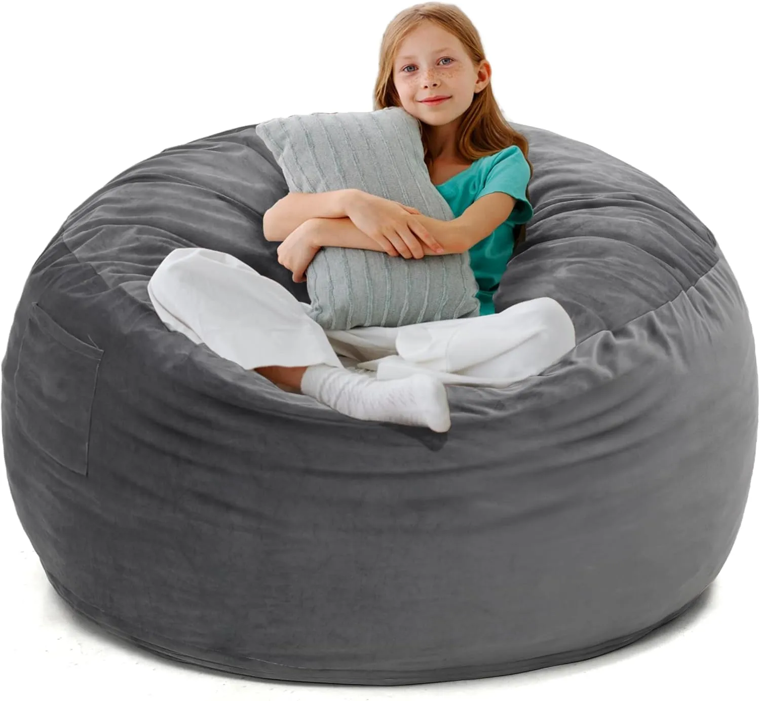 Kromax Large 3.5’ Bean Bag Chair for Kids, Teens, Adults, Memory Foam, Easy to Clean Washable Soft Suede Cover, Reinforced Zipper, Perfect for Living Room, Den, Bedroom, or Dorm, Light Grey
