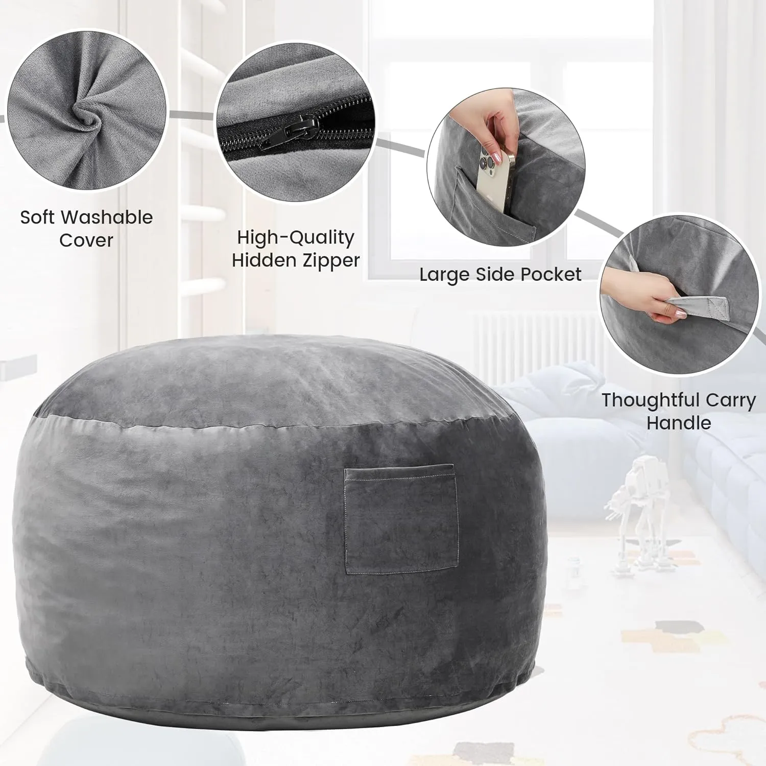 Kromax Large 3.5’ Bean Bag Chair for Kids, Teens, Adults, Memory Foam, Easy to Clean Washable Soft Suede Cover, Reinforced Zipper, Perfect for Living Room, Den, Bedroom, or Dorm, Light Grey