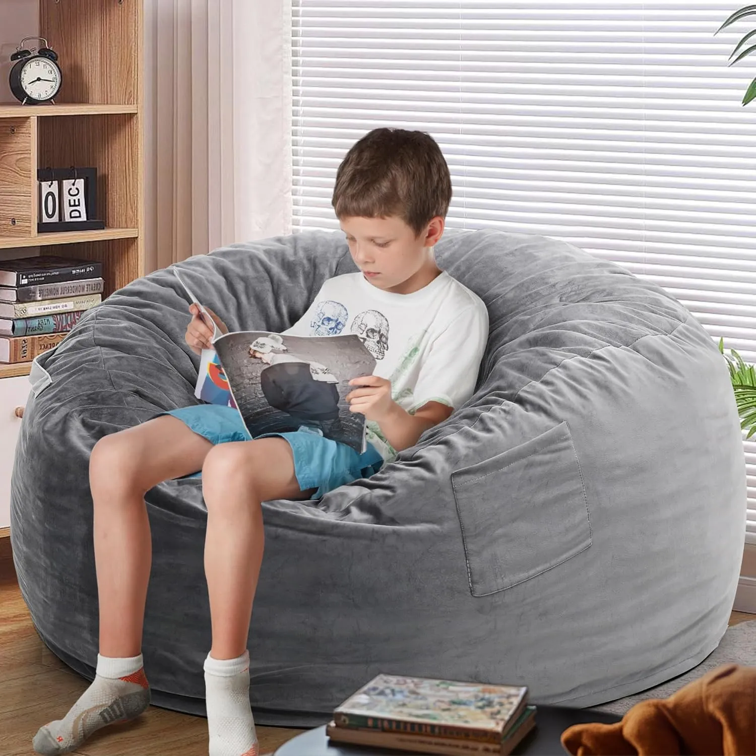 Kromax Large 3.5’ Bean Bag Chair for Kids, Teens, Adults, Memory Foam, Easy to Clean Washable Soft Suede Cover, Reinforced Zipper, Perfect for Living Room, Den, Bedroom, or Dorm, Light Grey