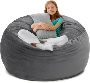 Kromax Large 3.5’ Bean Bag Chair for Kids, Teens, Adults, Memory Foam, Easy to Clean Washable Soft Suede Cover, Reinforced Zipper, Perfect for Living Room, Den, Bedroom, or Dorm, Light Grey