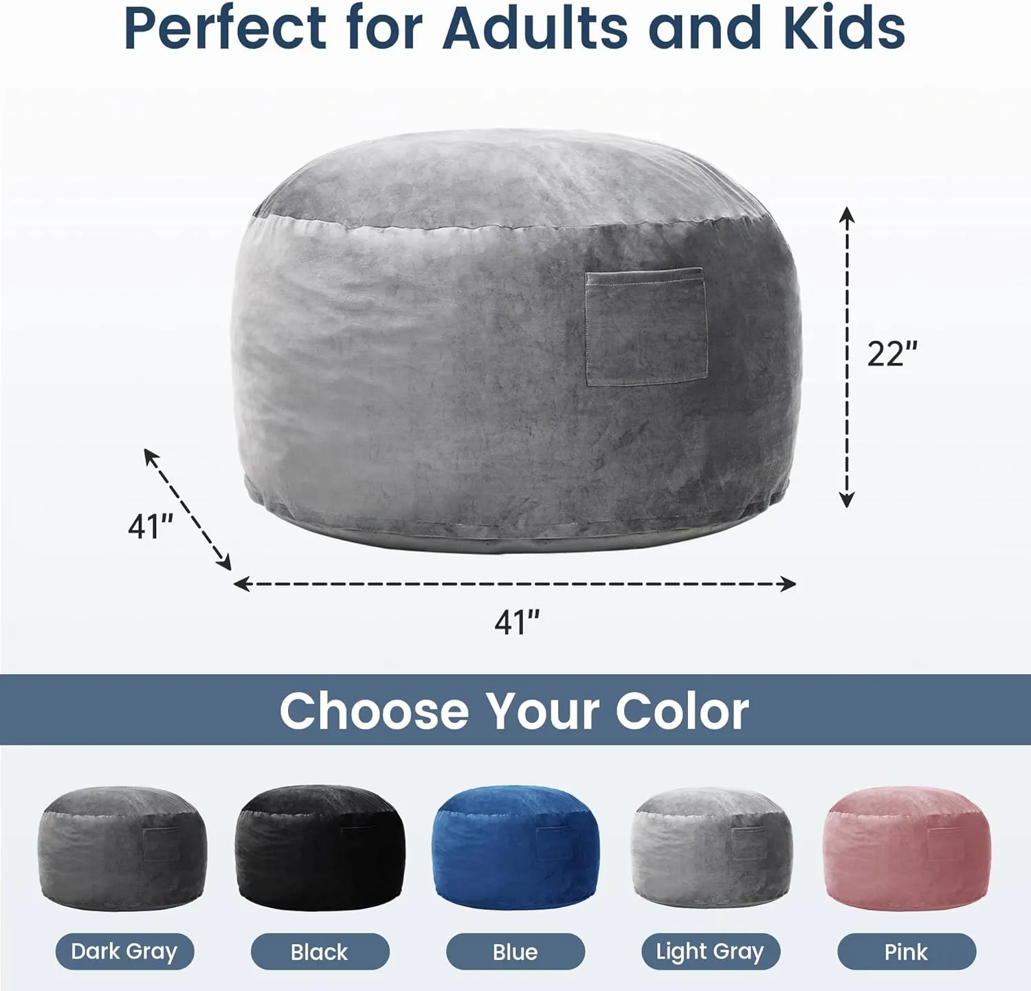 Kromax Large 3.5’ Bean Bag Chair for Kids, Teens, Adults, Memory Foam, Easy to Clean Washable Soft Suede Cover, Reinforced Zipper, Perfect for Living Room, Den, Bedroom, or Dorm, Light Grey