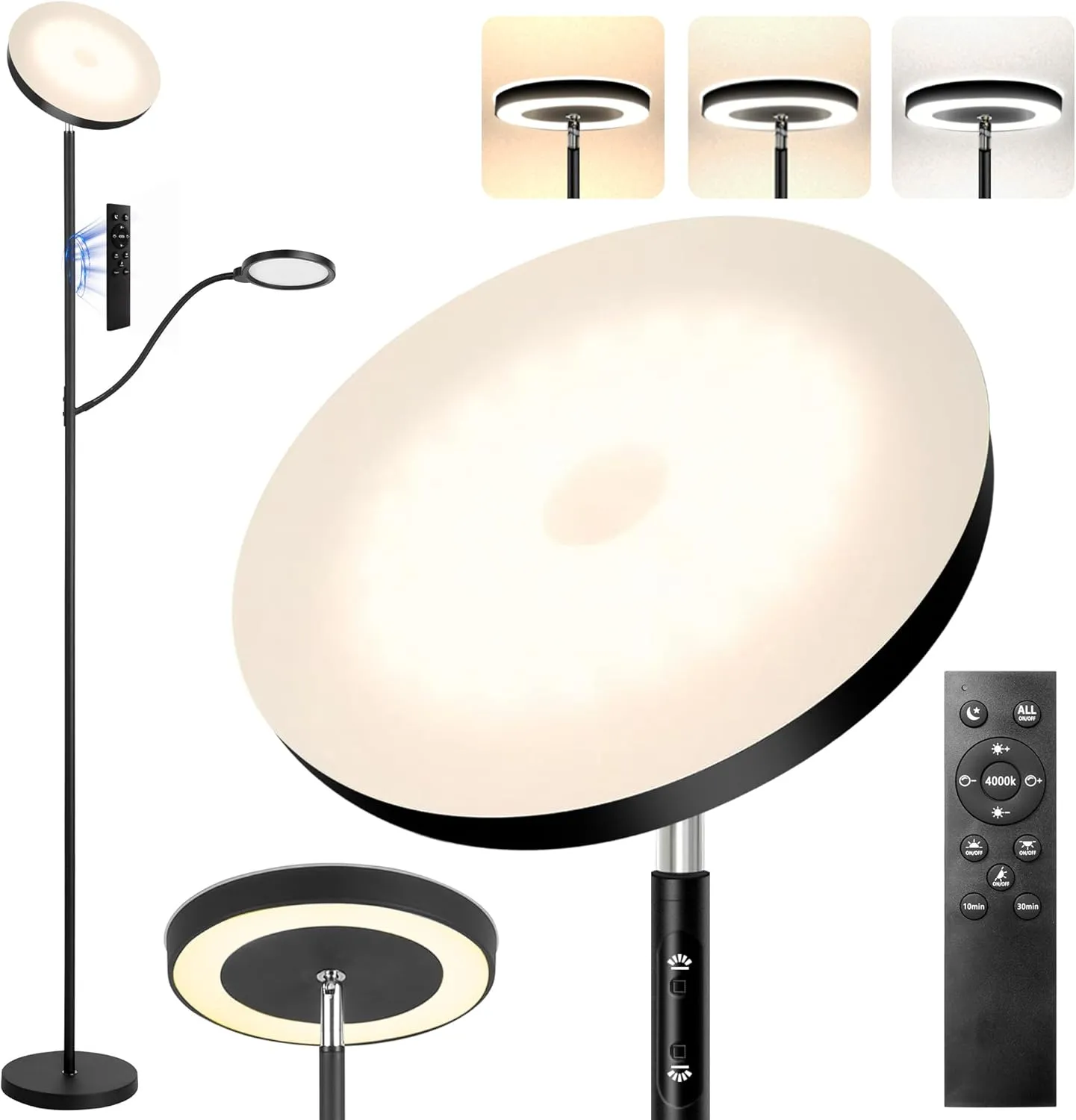 LED Floor Lamp, 36W/3000LM Super Bright Modern Tall Standing Lamp, 3 Color Temperatures Torchiere Sky Lamp with Dimmable Reading Light, Remote & Touch Control for Living Room, Bedroom, Office