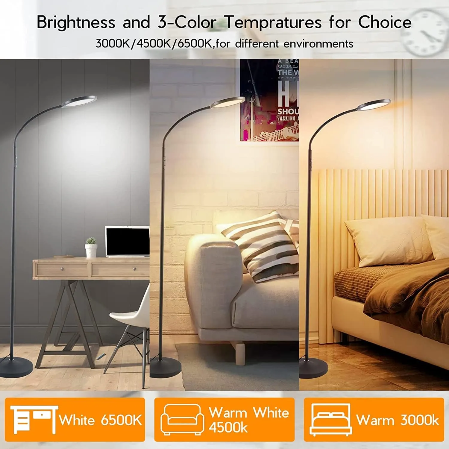 LED Floor Lamps for Living Room, Bright Modern Reading Floor Lamp with Stepless Adjust Color Temperatures & Brightness, Standing Lamp with RF Remote & Touch Control(White)