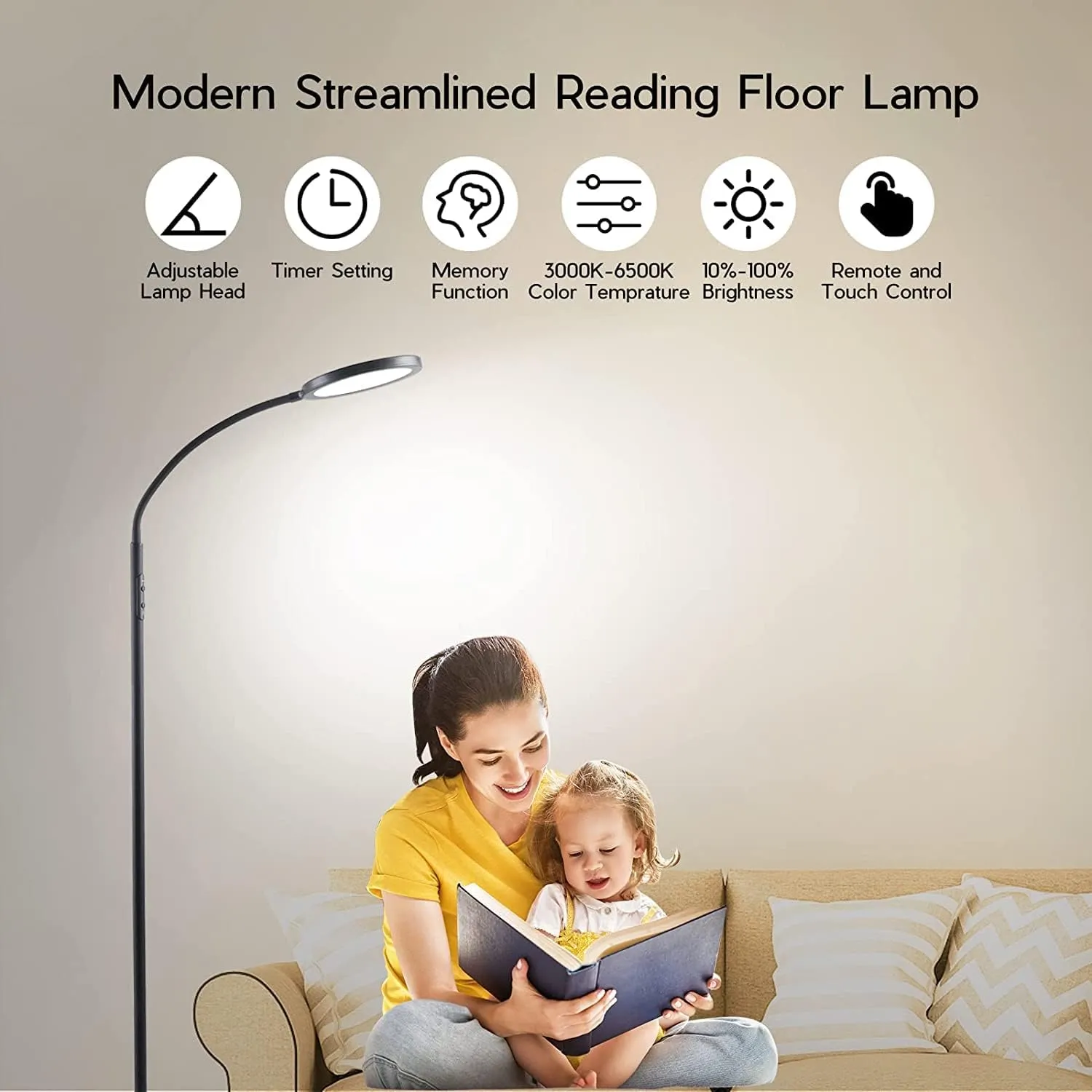 LED Floor Lamps for Living Room, Bright Modern Reading Floor Lamp with Stepless Adjust Color Temperatures & Brightness, Standing Lamp with RF Remote & Touch Control(White)