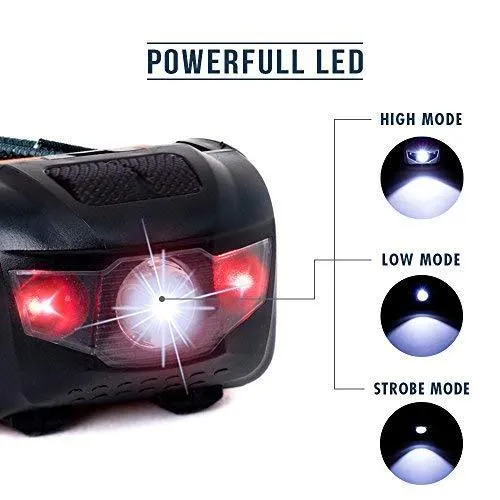 LED Headlamp Flashlight - Great for Camping, Hiking, Dog Walking, Kids, One of The Lightest (2.6 oz) White Cree Headlight, Water & Shock Resistant   Red Strobe, 3 AAA Batteries Included