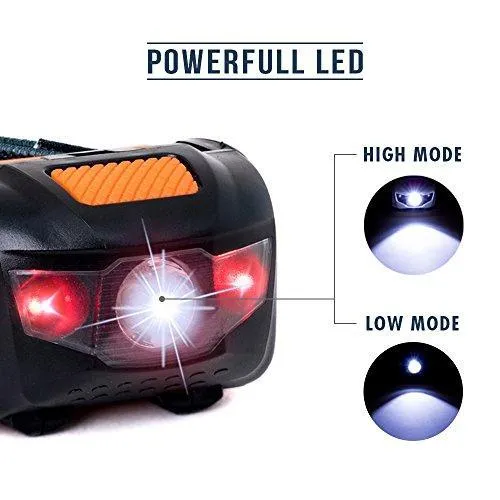 LED Headlamp Flashlight - Great for Camping, Hiking, Dog Walking, Kids, One of The Lightest (2.6 oz) White Cree Headlight, Water & Shock Resistant   Red Strobe, 3 AAA Batteries Included
