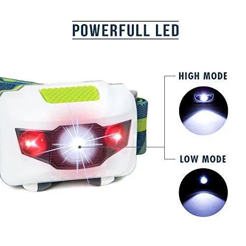 LED Headlamp Flashlight - Great for Camping, Hiking, Dog Walking, Kids, One of The Lightest (2.6 oz) White Cree Headlight, Water & Shock Resistant   Red Strobe, 3 AAA Batteries Included