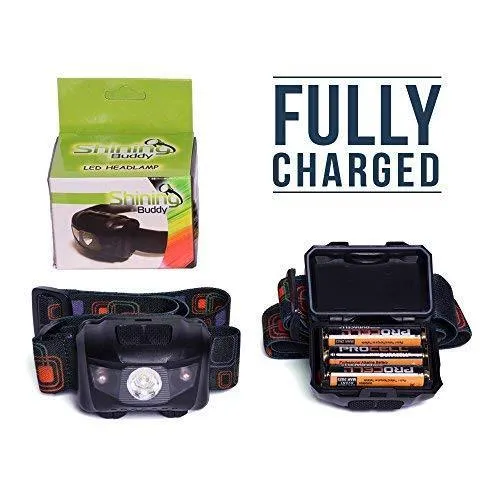 LED Headlamp Flashlight - Great for Camping, Hiking, Dog Walking, Kids, One of The Lightest (2.6 oz) White Cree Headlight, Water & Shock Resistant   Red Strobe, 3 AAA Batteries Included