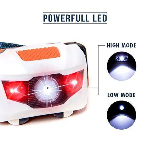 LED Headlamp Flashlight - Great for Camping, Hiking, Dog Walking, Kids, One of The Lightest (2.6 oz) White Cree Headlight, Water & Shock Resistant   Red Strobe, 3 AAA Batteries Included