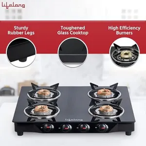 Lifelong Glass Top Gas Stove, 4 Burner Gas Stove