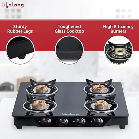 Lifelong Glass Top Gas Stove, 4 Burner Gas Stove