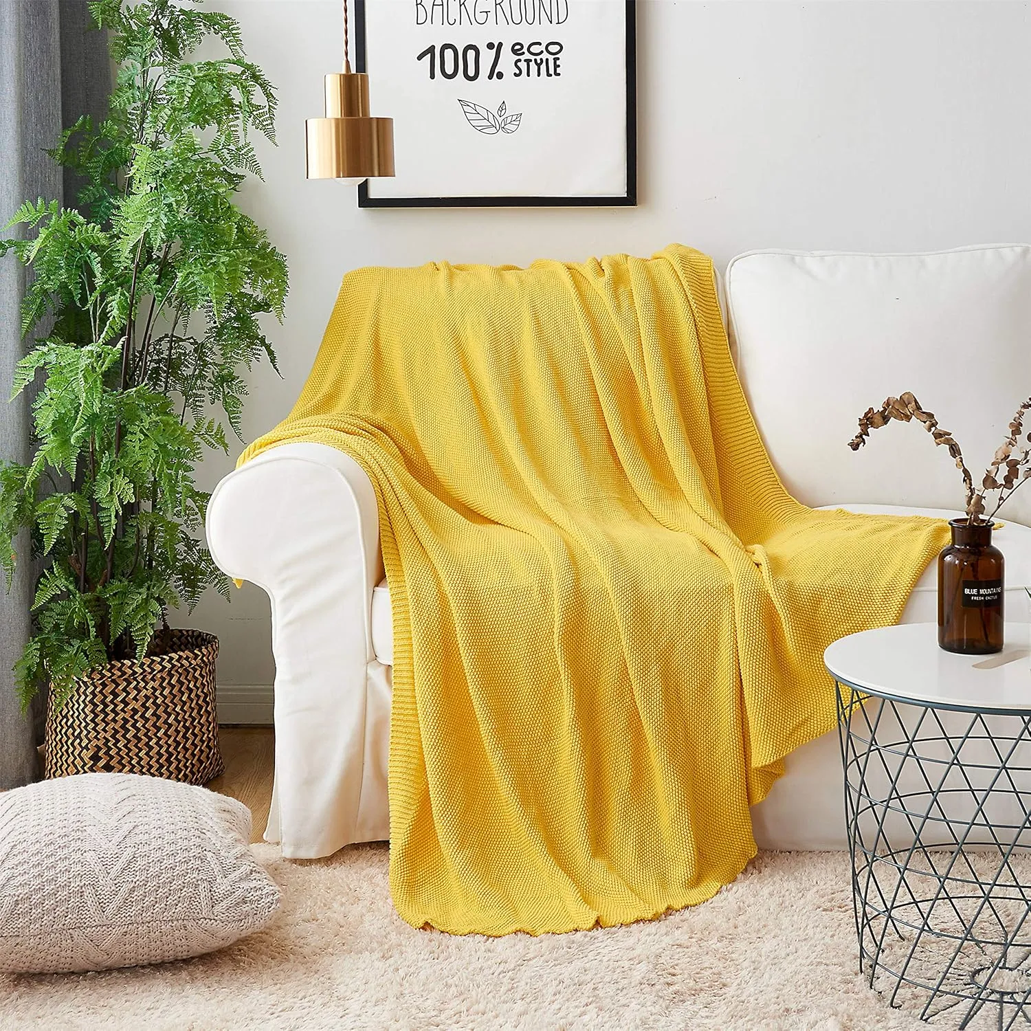 Longhui bedding Lemon Bright Yellow Cotton Cable Knit Throw Blanket for Couch Sofa Chair Home Decorative, Woven Throw Blankets 50 x 60 Inch 2.1 Pounds with a Washing Bag
