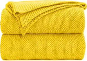 Longhui bedding Lemon Bright Yellow Cotton Cable Knit Throw Blanket for Couch Sofa Chair Home Decorative, Woven Throw Blankets 50 x 60 Inch 2.1 Pounds with a Washing Bag