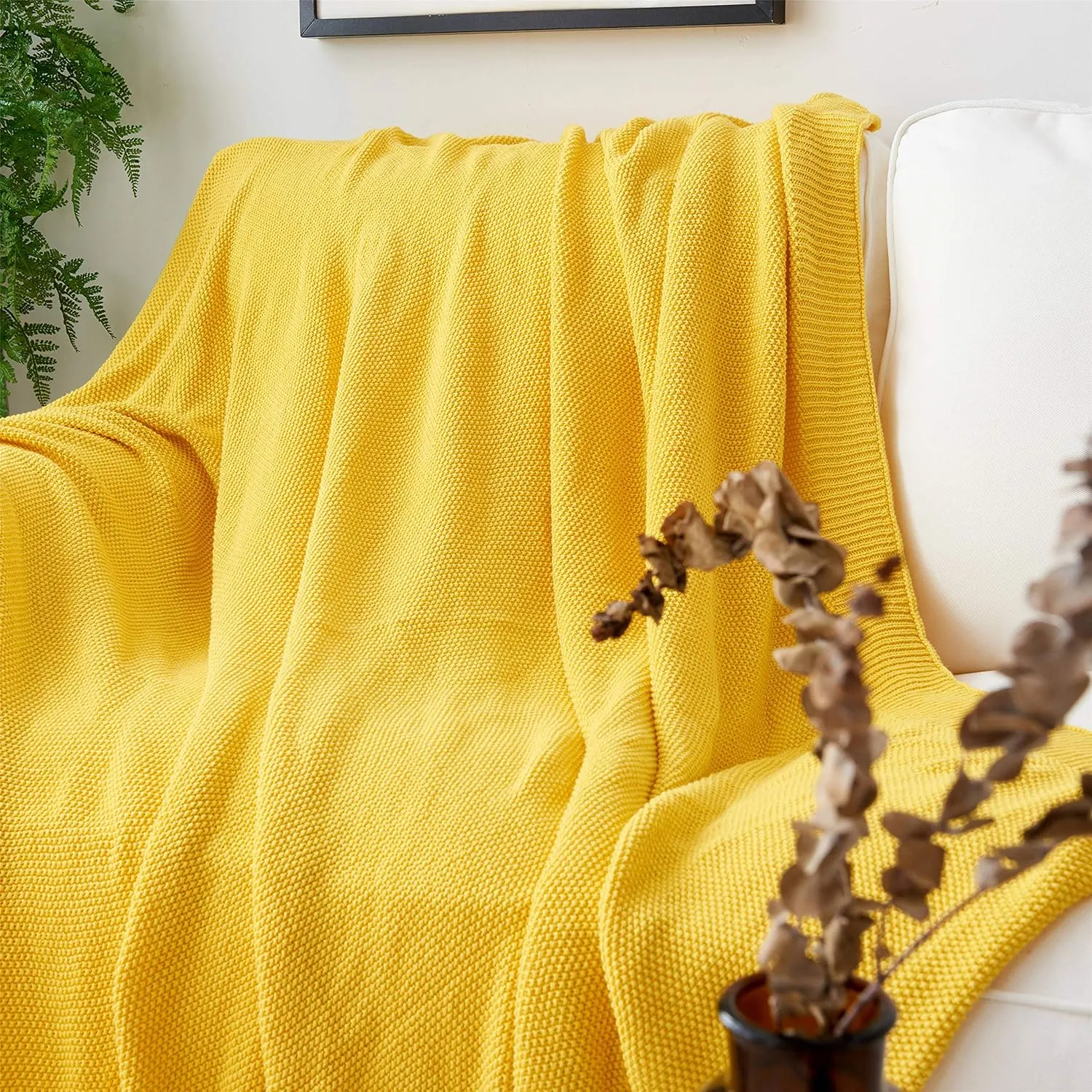 Longhui bedding Lemon Bright Yellow Cotton Cable Knit Throw Blanket for Couch Sofa Chair Home Decorative, Woven Throw Blankets 50 x 60 Inch 2.1 Pounds with a Washing Bag