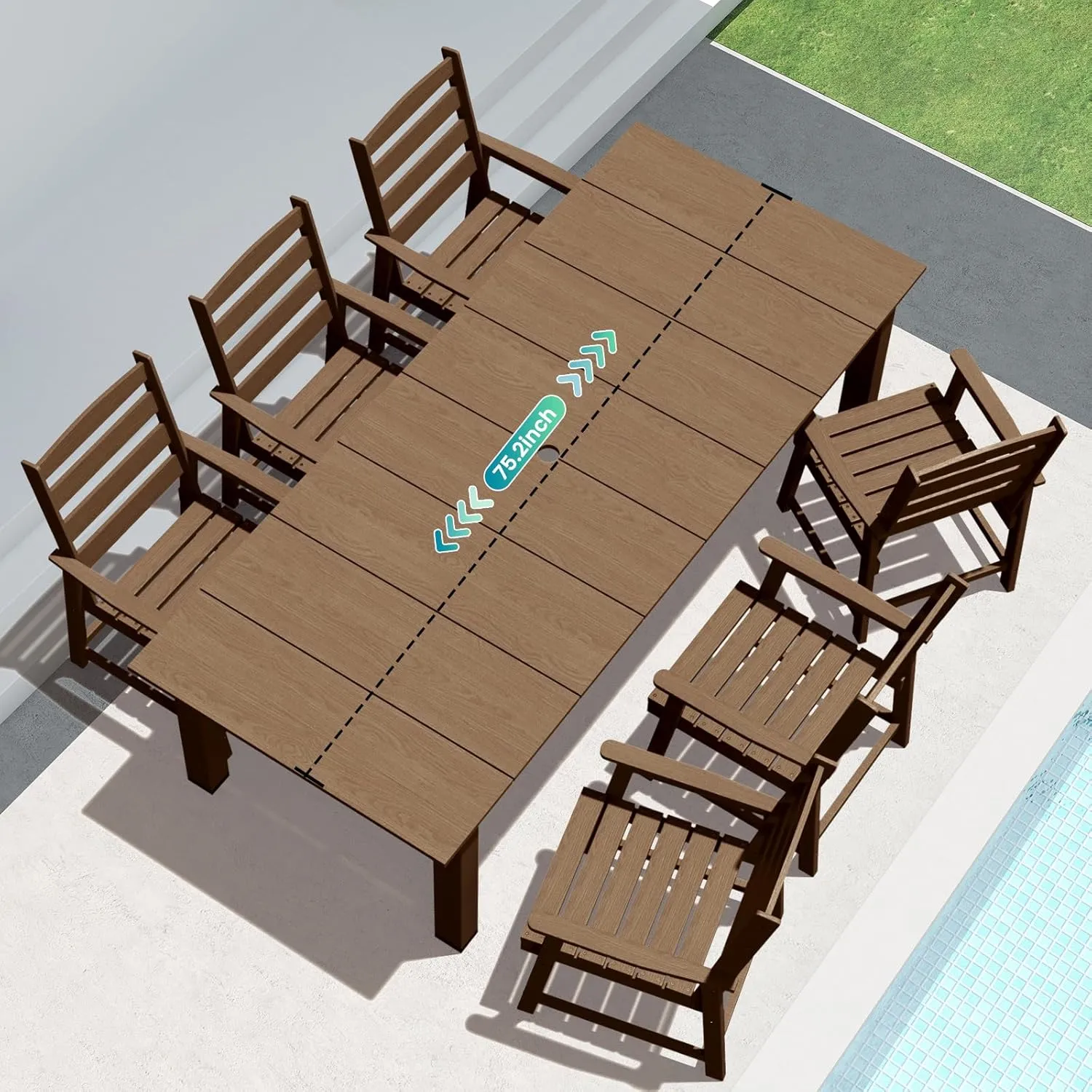 LOUNZY 7 Pieces Patio Dining Sets, Outdoor HDPE Furniture Set for 6 w/ 2" Hole Cut-Out Dining Table with 6 Patio Chairs for Pool, Lawn and Garden,Brown