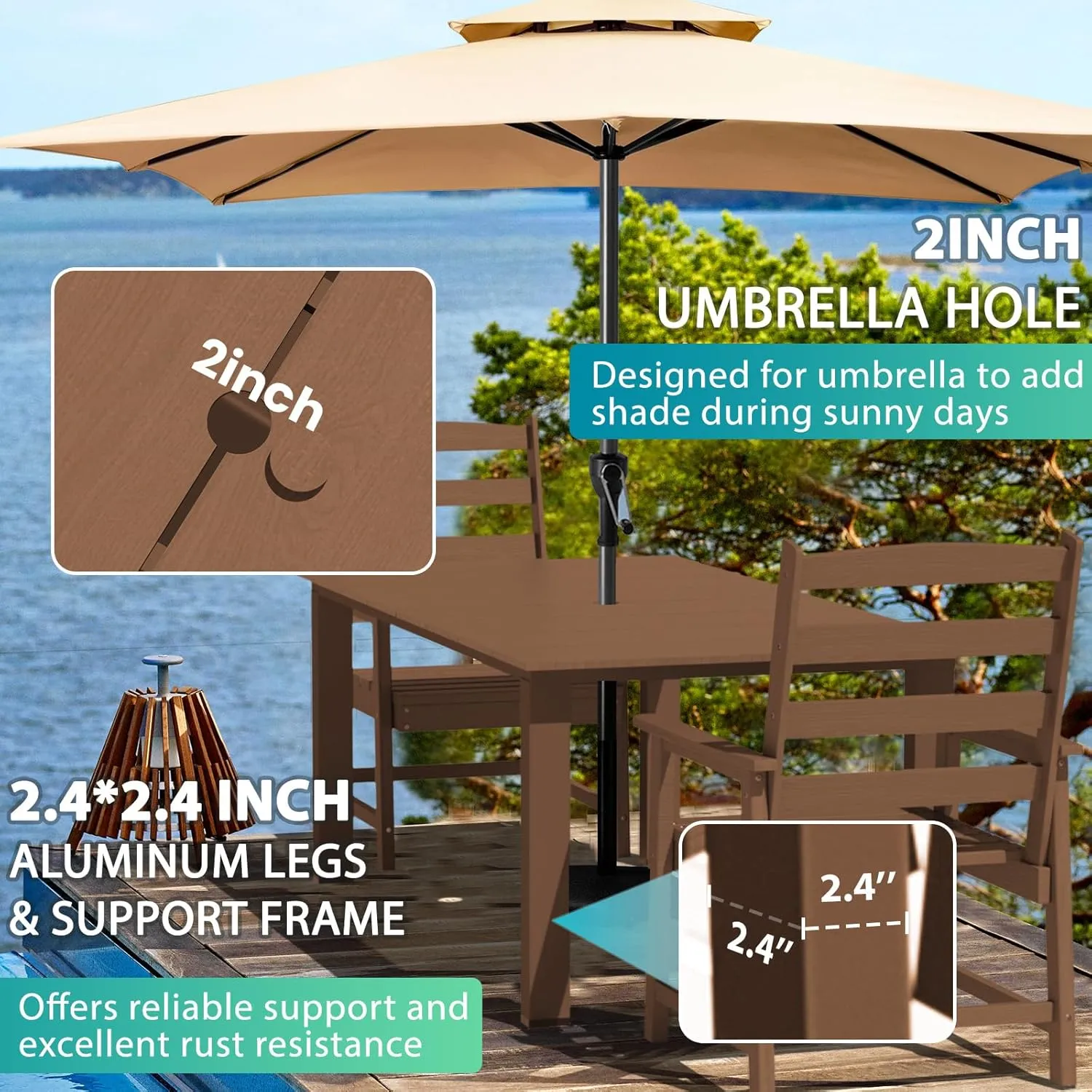 LOUNZY 7 Pieces Patio Dining Sets, Outdoor HDPE Furniture Set for 6 w/ 2" Hole Cut-Out Dining Table with 6 Patio Chairs for Pool, Lawn and Garden,Brown