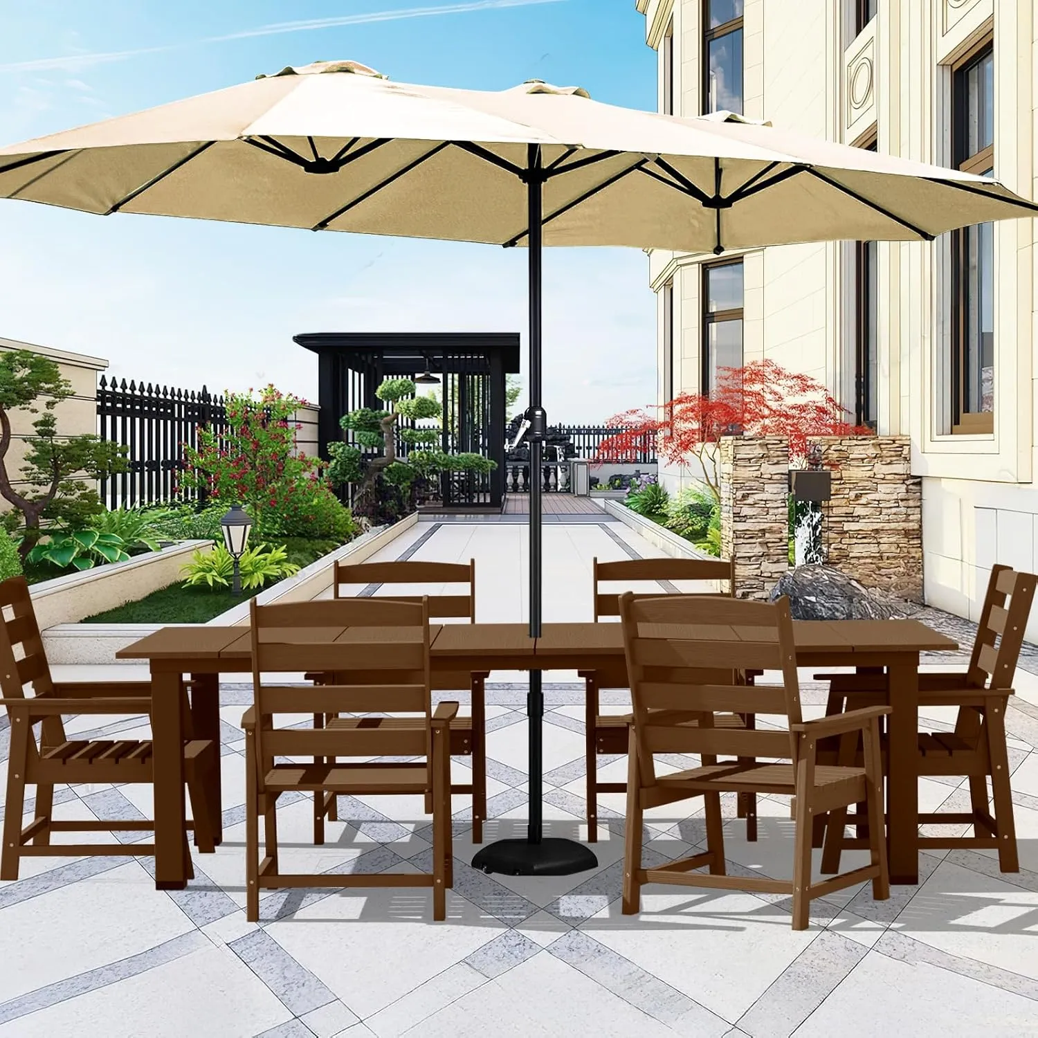 LOUNZY 7 Pieces Patio Dining Sets, Outdoor HDPE Furniture Set for 6 w/ 2" Hole Cut-Out Dining Table with 6 Patio Chairs for Pool, Lawn and Garden,Brown