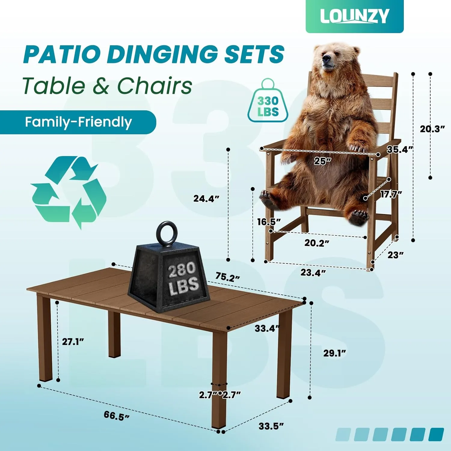 LOUNZY 7 Pieces Patio Dining Sets, Outdoor HDPE Furniture Set for 6 w/ 2" Hole Cut-Out Dining Table with 6 Patio Chairs for Pool, Lawn and Garden,Brown