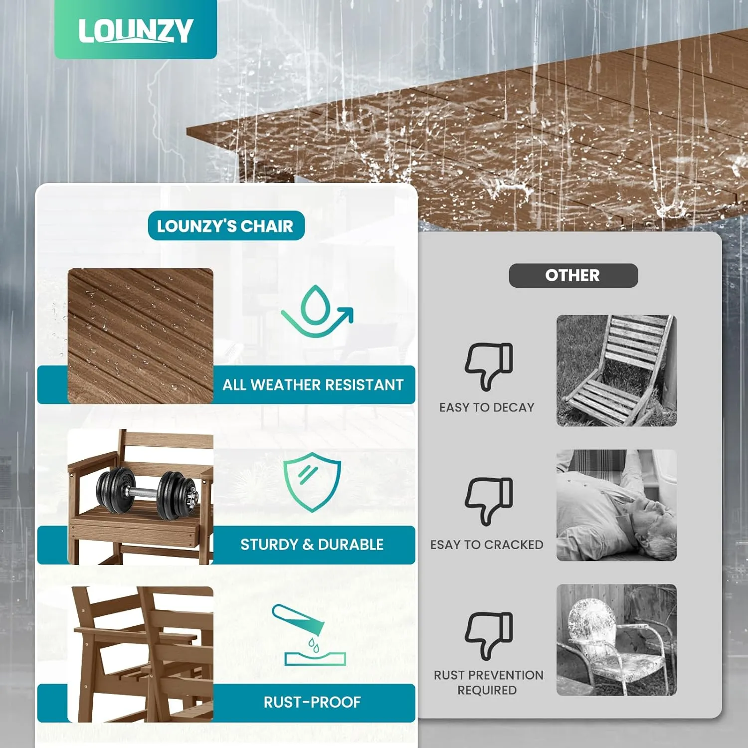 LOUNZY 7 Pieces Patio Dining Sets, Outdoor HDPE Furniture Set for 6 w/ 2" Hole Cut-Out Dining Table with 6 Patio Chairs for Pool, Lawn and Garden,Brown