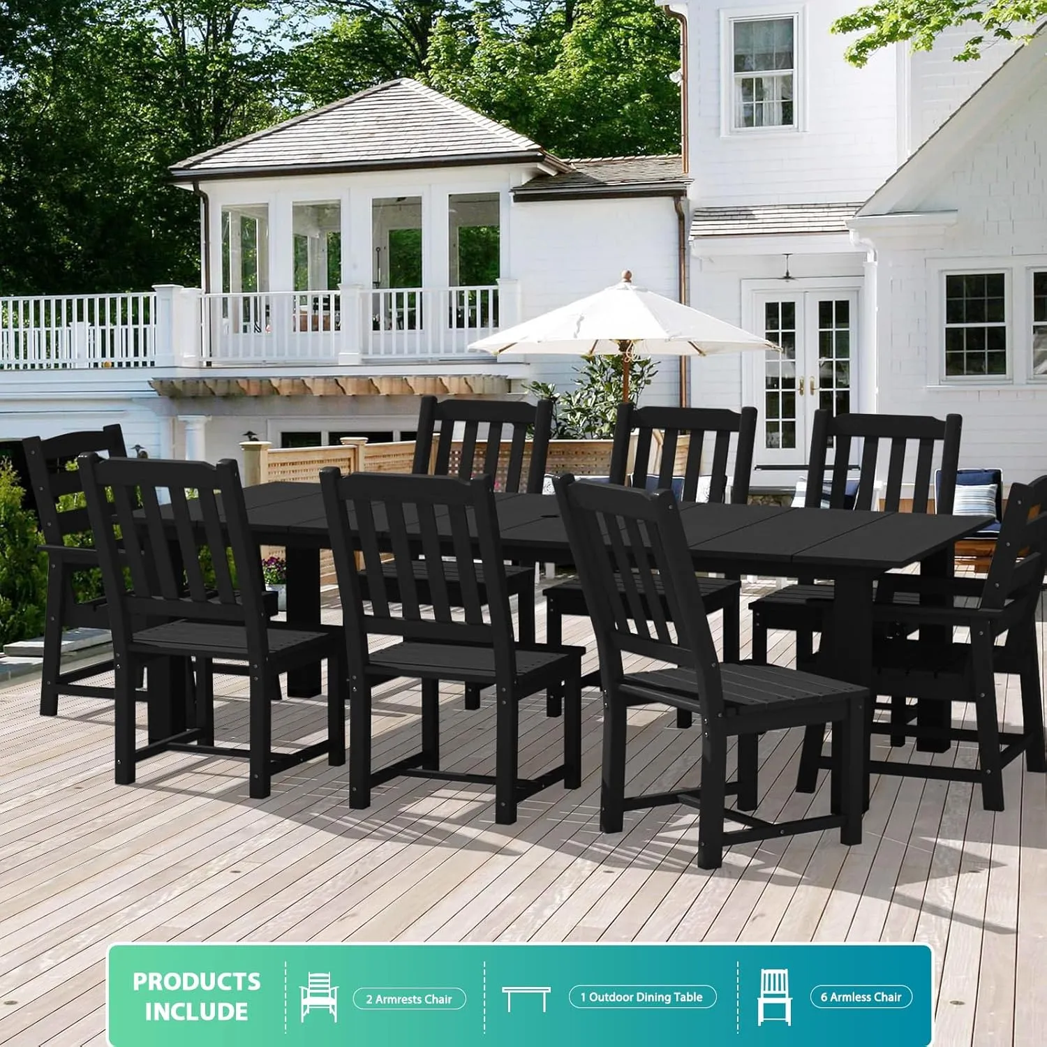LOUNZY 9 Pieces Patio Dining Sets, Outdoor HDPE Furniture Set for 8 w/ 2" Hole Cut-Out Dining Table with 8 Patio Chairs(2 W/Armrest, 6 w/o Armrest), Black