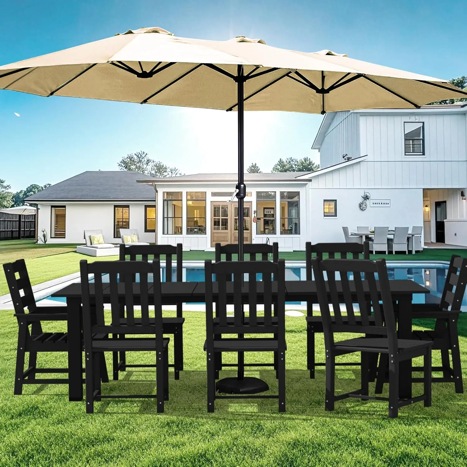 LOUNZY 9 Pieces Patio Dining Sets, Outdoor HDPE Furniture Set for 8 w/ 2" Hole Cut-Out Dining Table with 8 Patio Chairs(2 W/Armrest, 6 w/o Armrest), Black