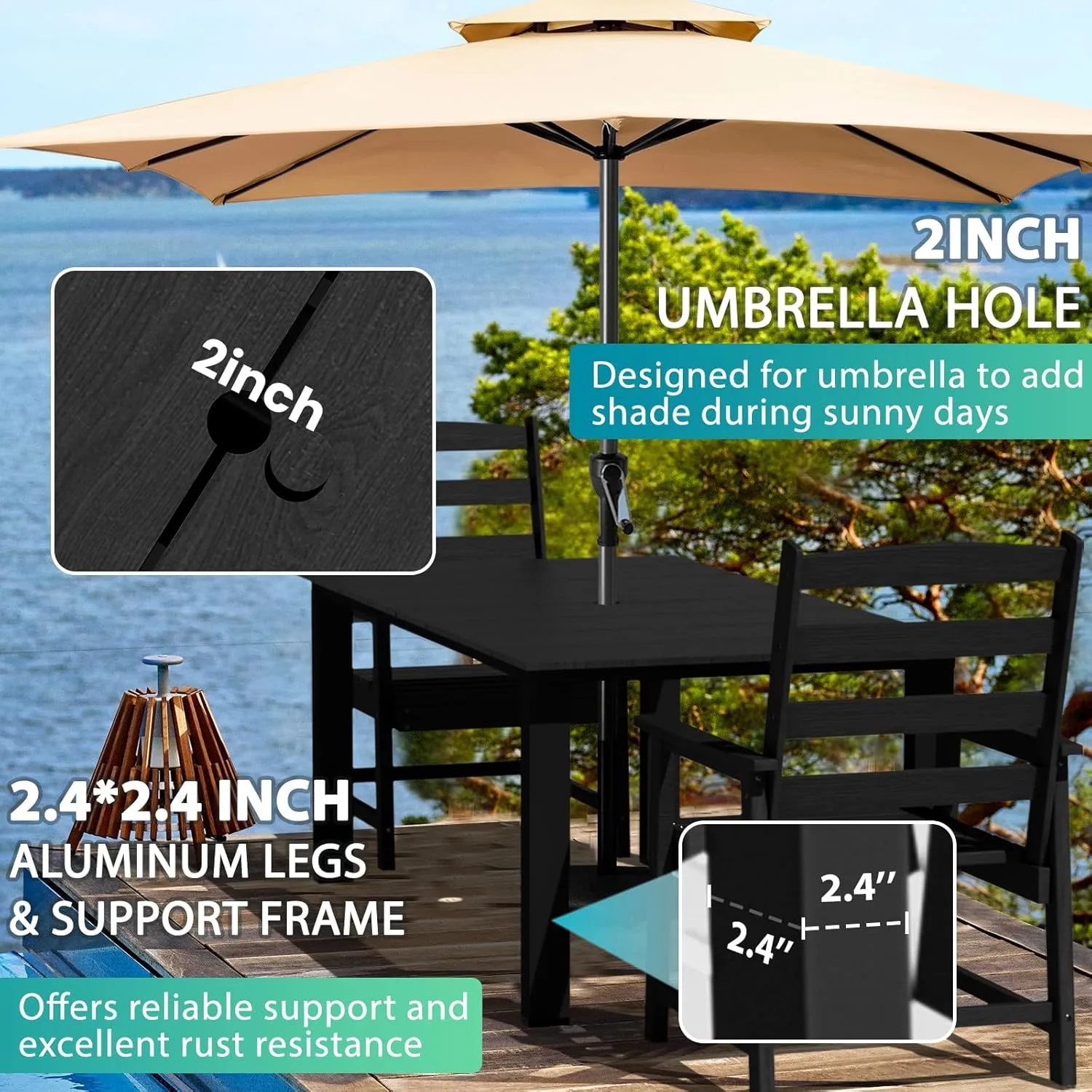 LOUNZY 9 Pieces Patio Dining Sets, Outdoor HDPE Furniture Set for 8 w/ 2" Hole Cut-Out Dining Table with 8 Patio Chairs(2 W/Armrest, 6 w/o Armrest), Black