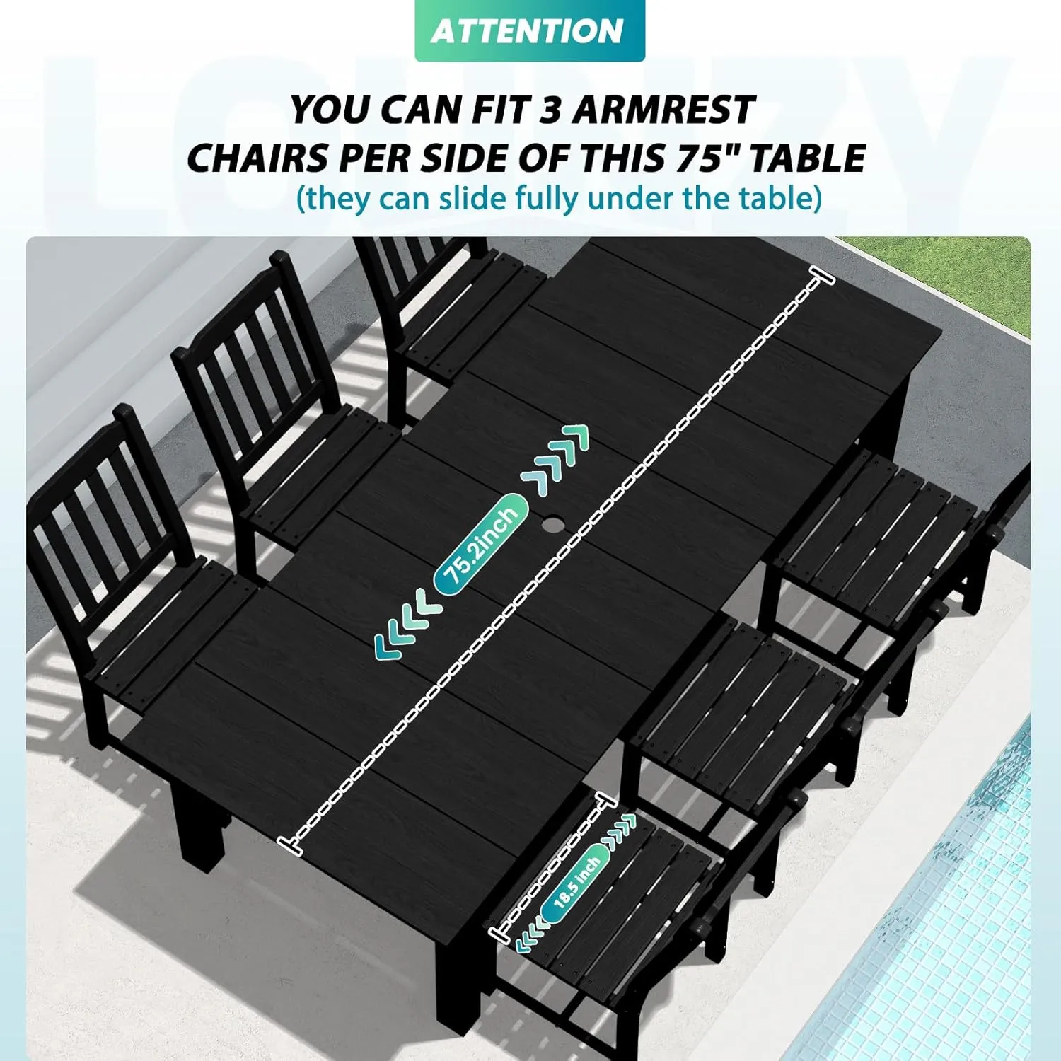 LOUNZY 9 Pieces Patio Dining Sets, Outdoor HDPE Furniture Set for 8 w/ 2" Hole Cut-Out Dining Table with 8 Patio Chairs(2 W/Armrest, 6 w/o Armrest), Black
