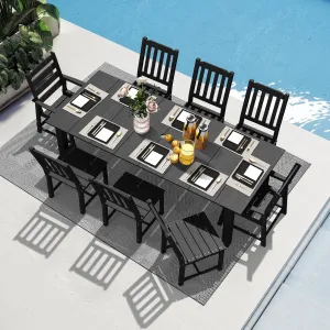 LOUNZY 9 Pieces Patio Dining Sets, Outdoor HDPE Furniture Set for 8 w/ 2" Hole Cut-Out Dining Table with 8 Patio Chairs(2 W/Armrest, 6 w/o Armrest), Black