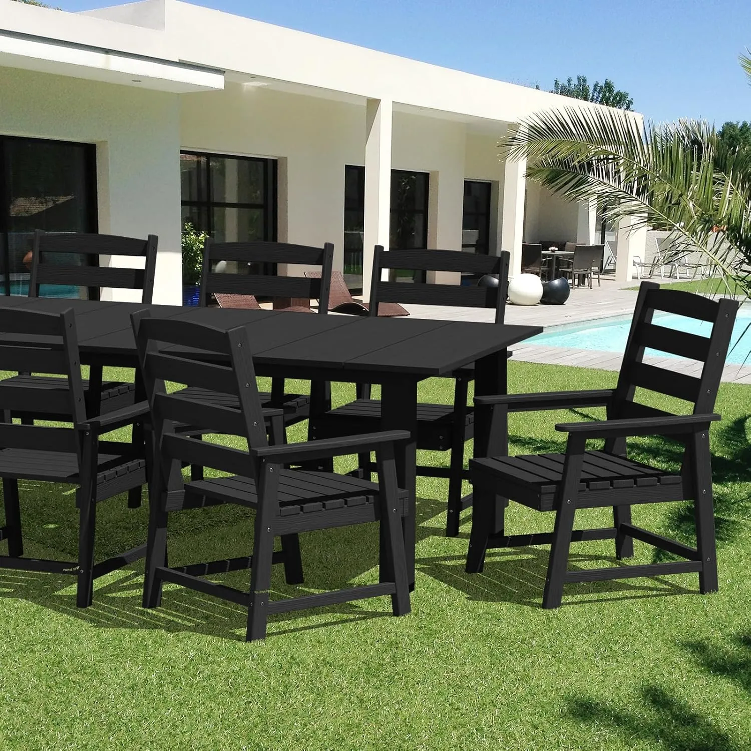 LOUNZY 9 Pieces Patio Dining Sets, Outdoor HDPE Furniture Set for 8 w/ 2" Hole Cut-Out Dining Table with 8 Patio Chairs(2 W/Armrest, 6 w/o Armrest), Black