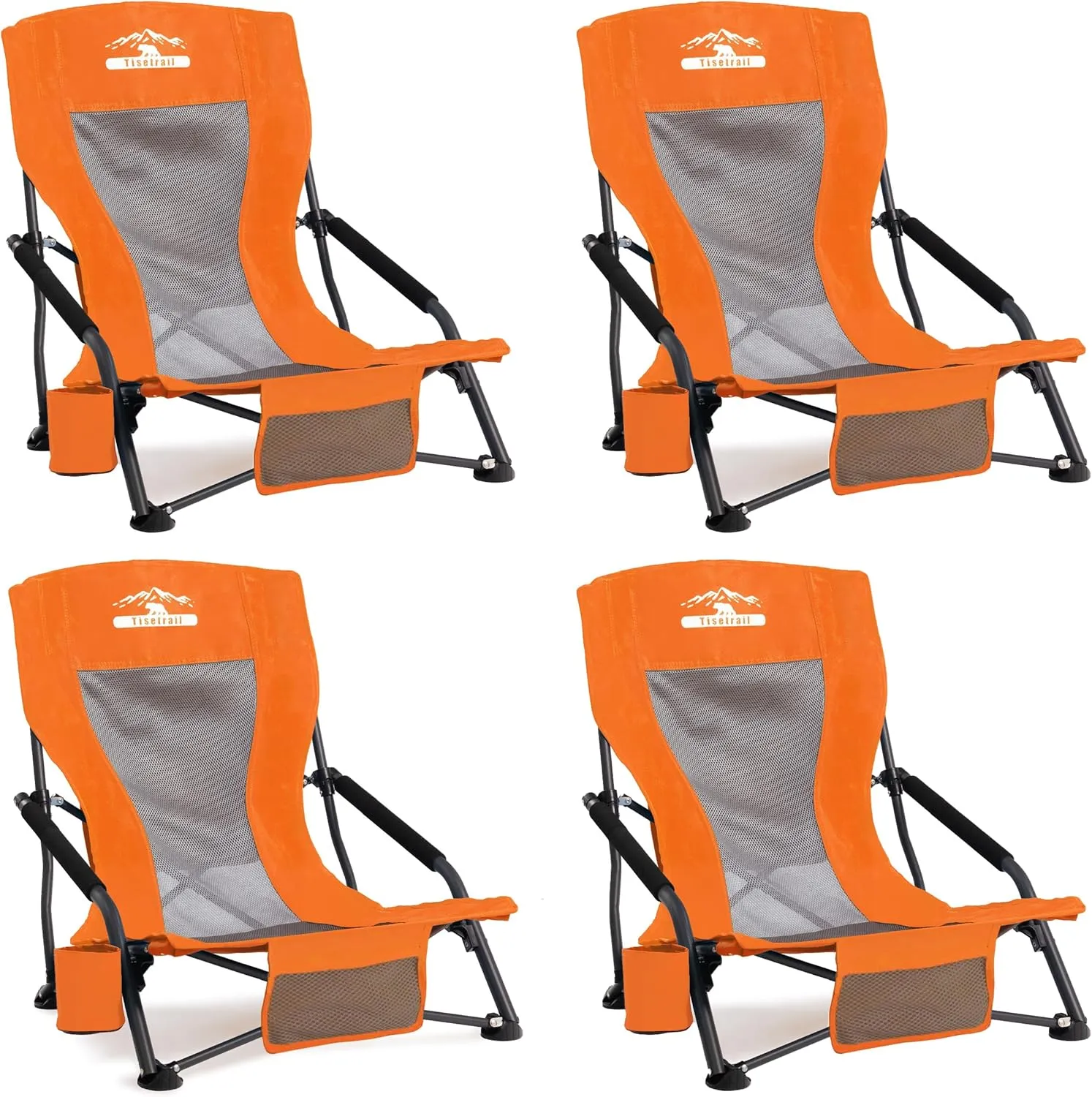 Low Profile Beach Chairs Set of 4 with Cup Holder Folding Mesh Sand Chairs for Adults Portable Lightweight Lowback Sling Chairs for Beach Camping Concert Travel Support 300lbs, Orange