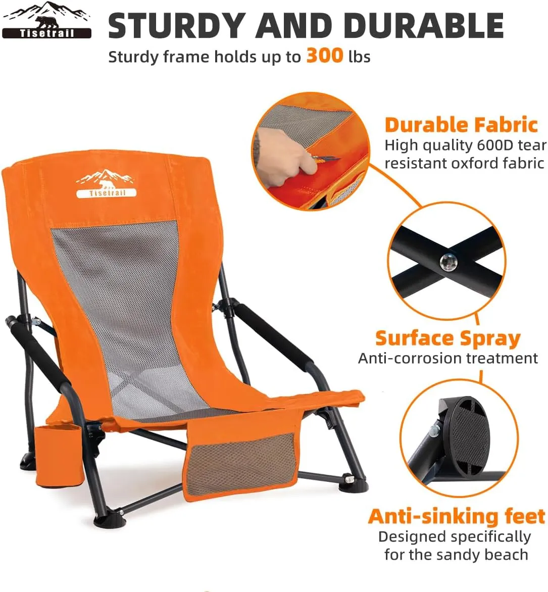Low Profile Beach Chairs Set of 4 with Cup Holder Folding Mesh Sand Chairs for Adults Portable Lightweight Lowback Sling Chairs for Beach Camping Concert Travel Support 300lbs, Orange
