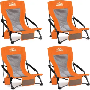 Low Profile Beach Chairs Set of 4 with Cup Holder Folding Mesh Sand Chairs for Adults Portable Lightweight Lowback Sling Chairs for Beach Camping Concert Travel Support 300lbs, Orange
