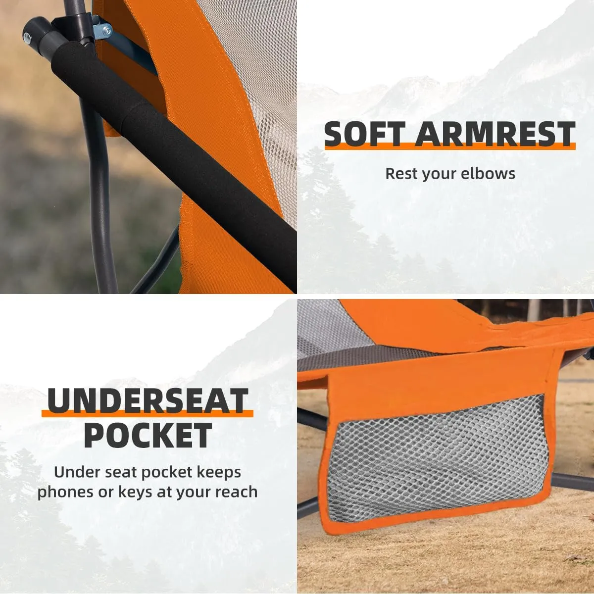 Low Profile Beach Chairs Set of 4 with Cup Holder Folding Mesh Sand Chairs for Adults Portable Lightweight Lowback Sling Chairs for Beach Camping Concert Travel Support 300lbs, Orange
