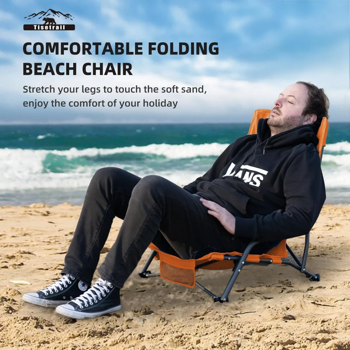 Low Profile Beach Chairs Set of 4 with Cup Holder Folding Mesh Sand Chairs for Adults Portable Lightweight Lowback Sling Chairs for Beach Camping Concert Travel Support 300lbs, Orange