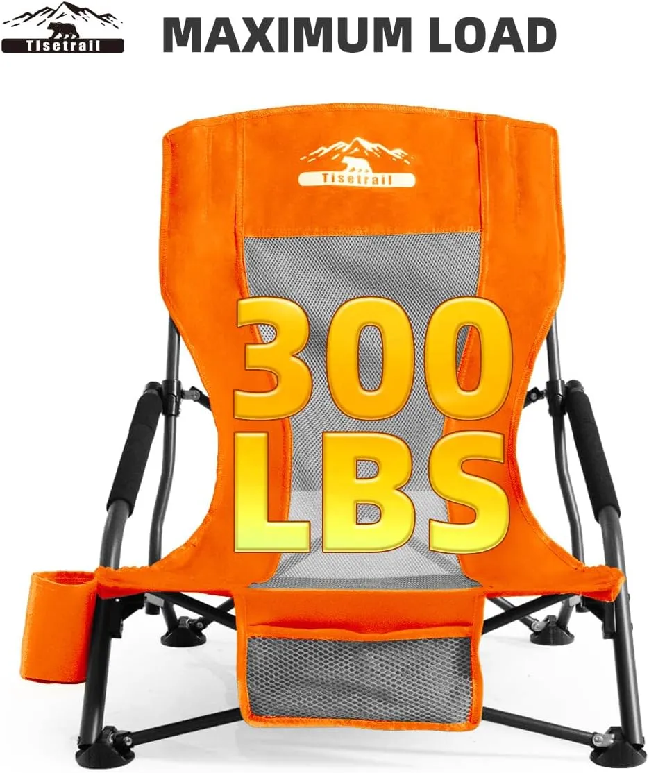 Low Profile Beach Chairs Set of 4 with Cup Holder Folding Mesh Sand Chairs for Adults Portable Lightweight Lowback Sling Chairs for Beach Camping Concert Travel Support 300lbs, Orange