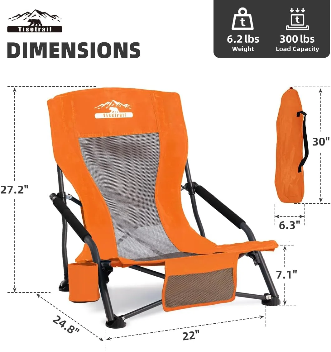 Low Profile Beach Chairs Set of 4 with Cup Holder Folding Mesh Sand Chairs for Adults Portable Lightweight Lowback Sling Chairs for Beach Camping Concert Travel Support 300lbs, Orange