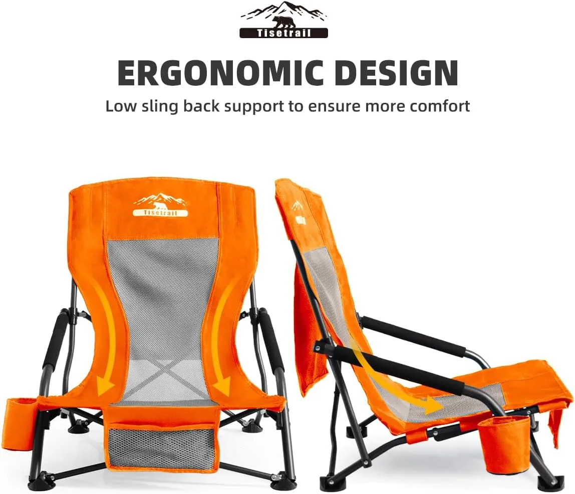 Low Profile Beach Chairs Set of 4 with Cup Holder Folding Mesh Sand Chairs for Adults Portable Lightweight Lowback Sling Chairs for Beach Camping Concert Travel Support 300lbs, Orange