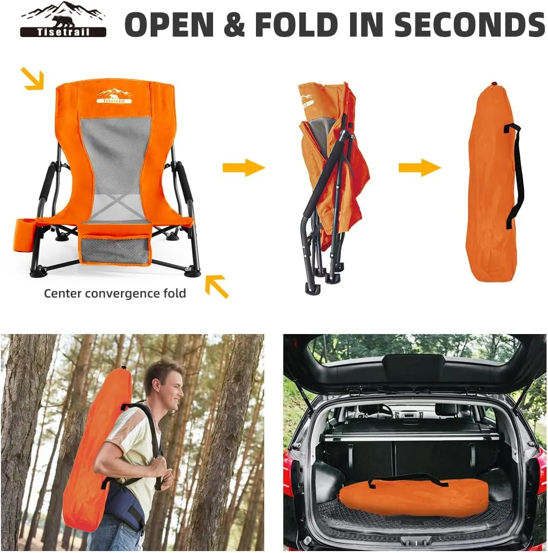 Low Profile Beach Chairs Set of 4 with Cup Holder Folding Mesh Sand Chairs for Adults Portable Lightweight Lowback Sling Chairs for Beach Camping Concert Travel Support 300lbs, Orange