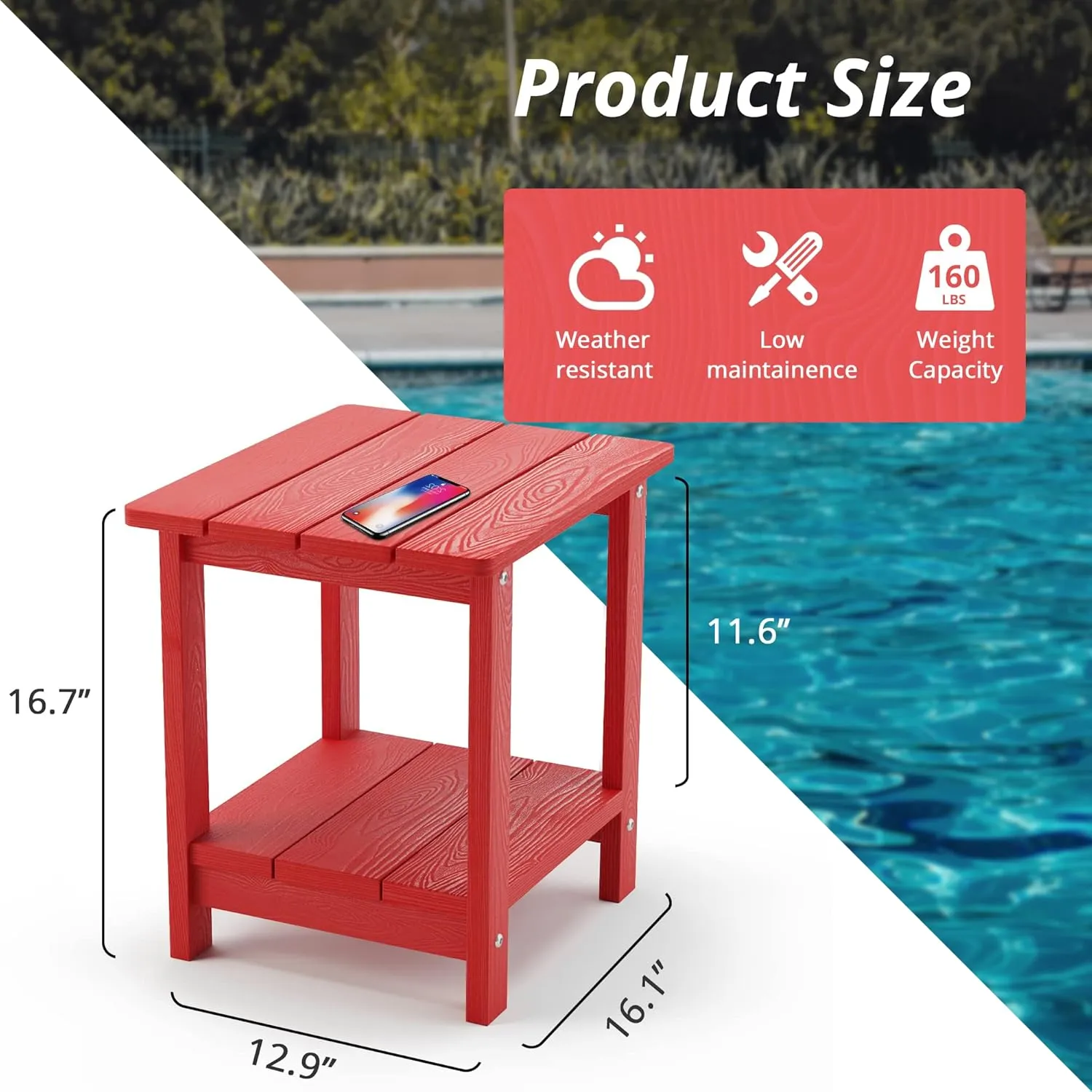 LUE BONA Adirondack Outdoor Side Table, 2-Tier Bright Red HDPS Patio End Table Weather Resistant, Morden Side Table for Patio, Pool, Porch