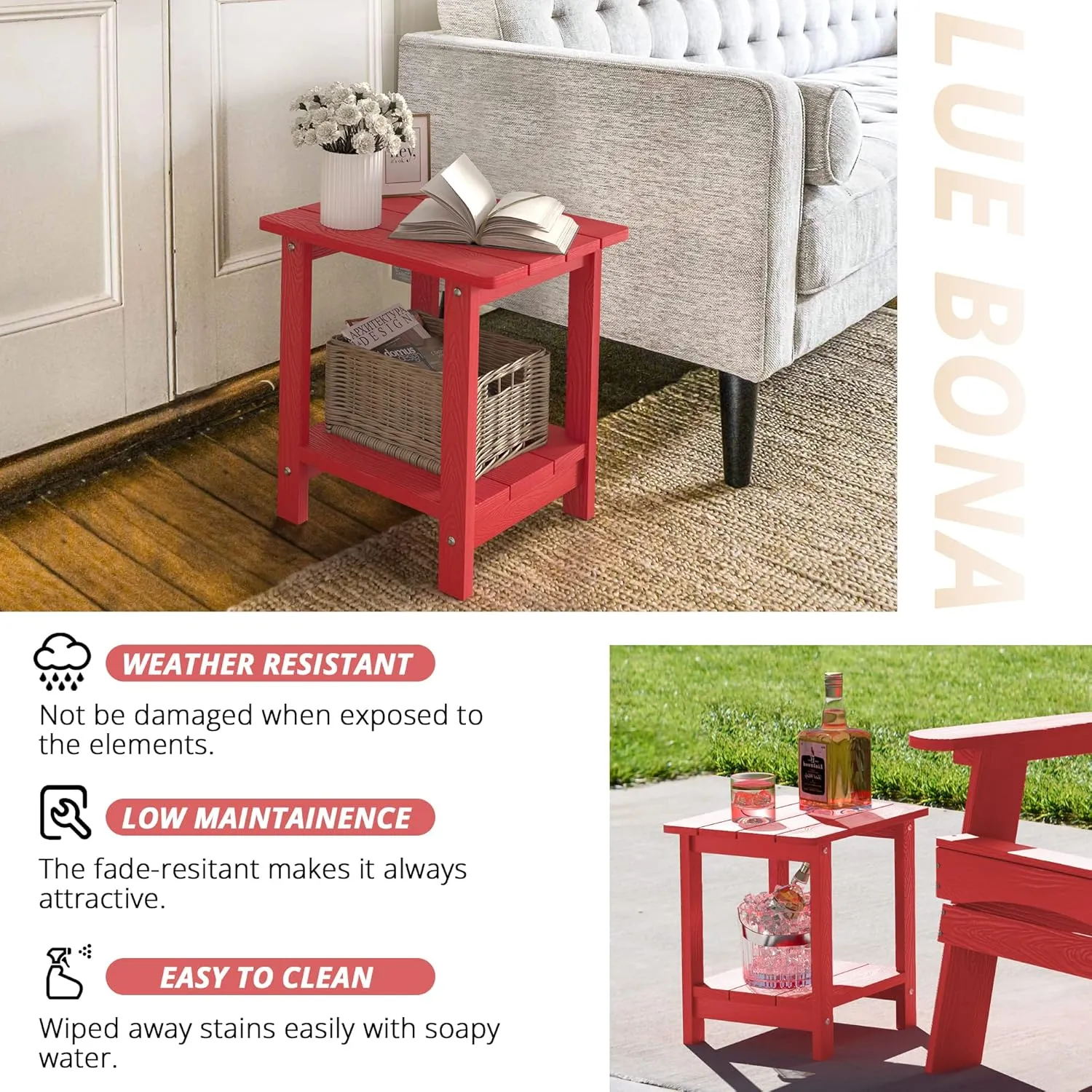 LUE BONA Adirondack Outdoor Side Table, 2-Tier Bright Red HDPS Patio End Table Weather Resistant, Morden Side Table for Patio, Pool, Porch