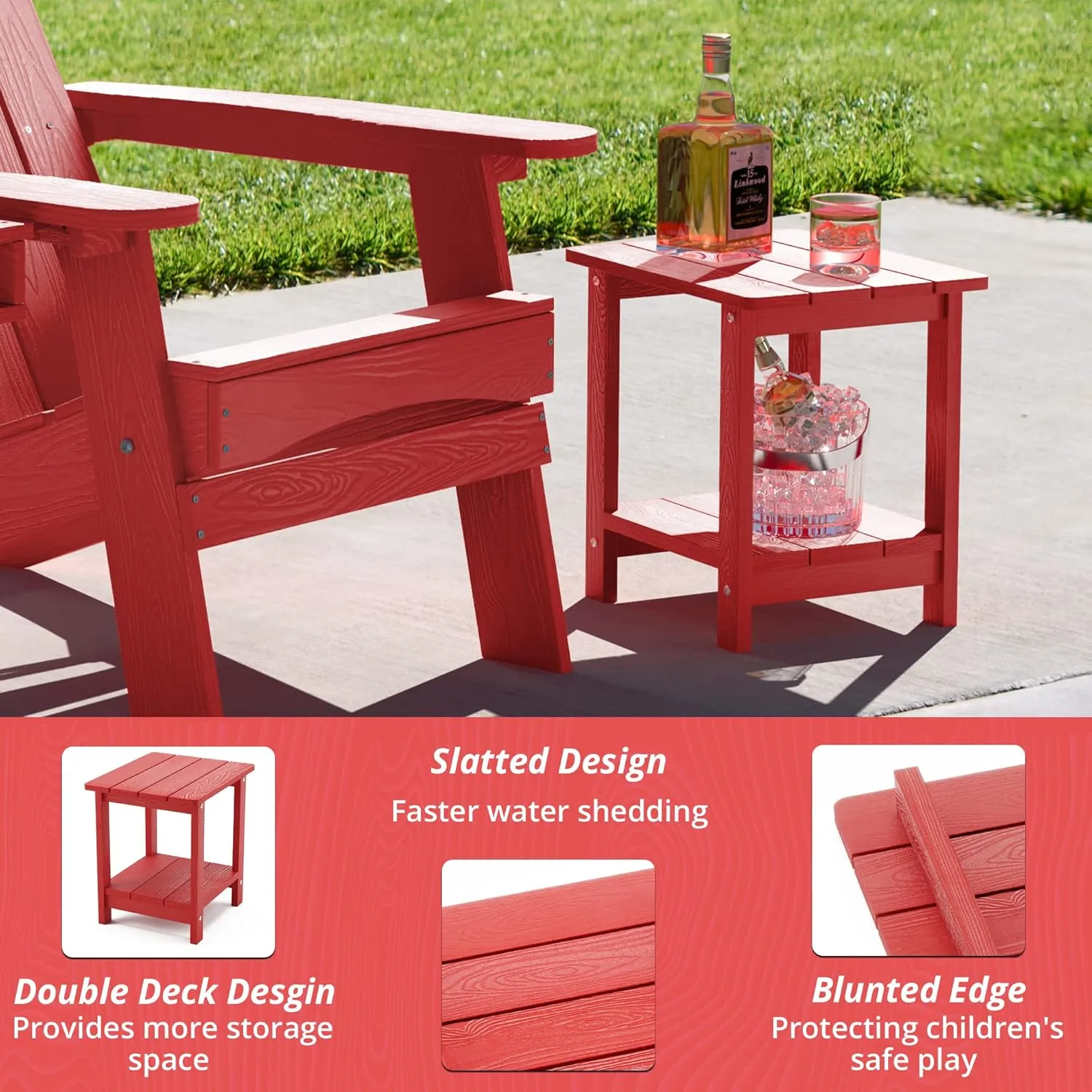 LUE BONA Adirondack Outdoor Side Table, 2-Tier Bright Red HDPS Patio End Table Weather Resistant, Morden Side Table for Patio, Pool, Porch
