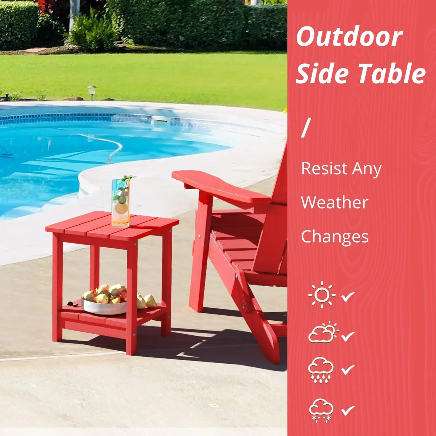 LUE BONA Adirondack Outdoor Side Table, 2-Tier Bright Red HDPS Patio End Table Weather Resistant, Morden Side Table for Patio, Pool, Porch