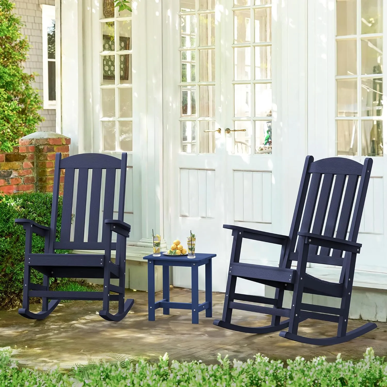 LUE BONA Outdoor Rocking Chairs Set of 3, 2 Chairs & 1 Table HDPS Poly Rocking Chair, All Weather Resistant, Heavy Duty Rocker Chair for Patio, Lawn, Garden, 300LBS, Midnight Blue