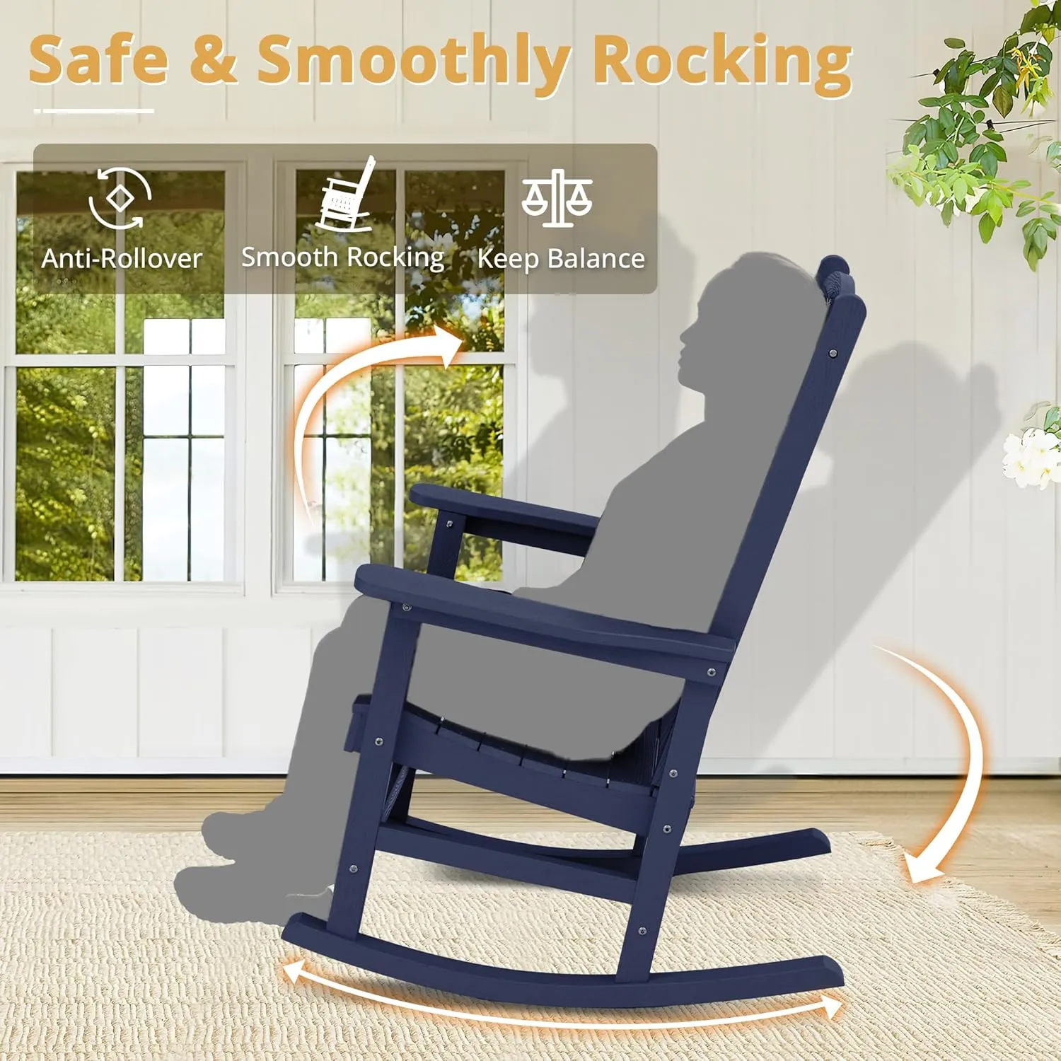 LUE BONA Outdoor Rocking Chairs Set of 3, 2 Chairs & 1 Table HDPS Poly Rocking Chair, All Weather Resistant, Heavy Duty Rocker Chair for Patio, Lawn, Garden, 300LBS, Midnight Blue