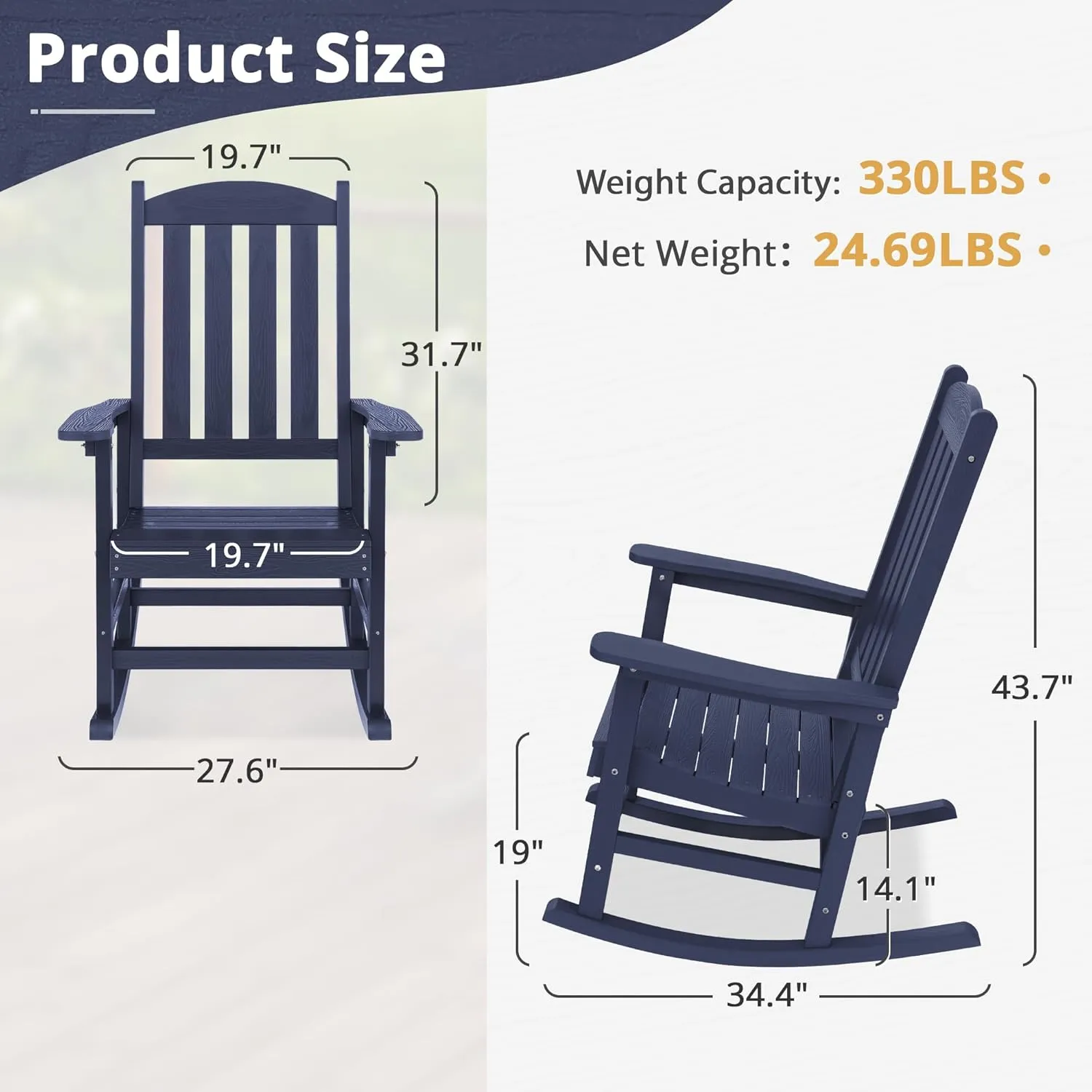 LUE BONA Outdoor Rocking Chairs Set of 3, 2 Chairs & 1 Table HDPS Poly Rocking Chair, All Weather Resistant, Heavy Duty Rocker Chair for Patio, Lawn, Garden, 300LBS, Midnight Blue