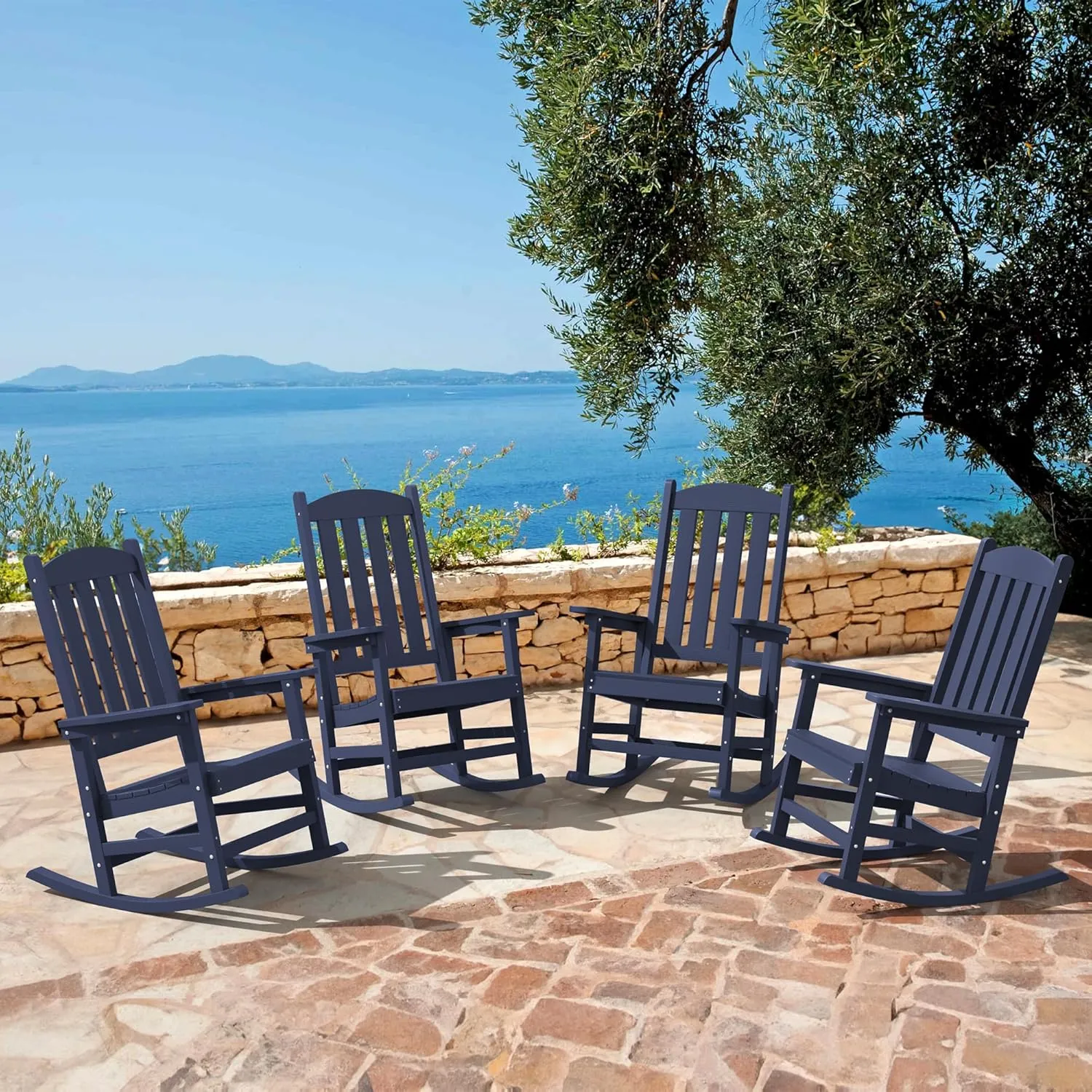 LUE BONA Outdoor Rocking Chairs Set of 3, 2 Chairs & 1 Table HDPS Poly Rocking Chair, All Weather Resistant, Heavy Duty Rocker Chair for Patio, Lawn, Garden, 300LBS, Midnight Blue