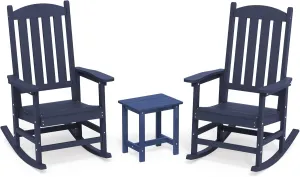 LUE BONA Outdoor Rocking Chairs Set of 3, 2 Chairs & 1 Table HDPS Poly Rocking Chair, All Weather Resistant, Heavy Duty Rocker Chair for Patio, Lawn, Garden, 300LBS, Midnight Blue
